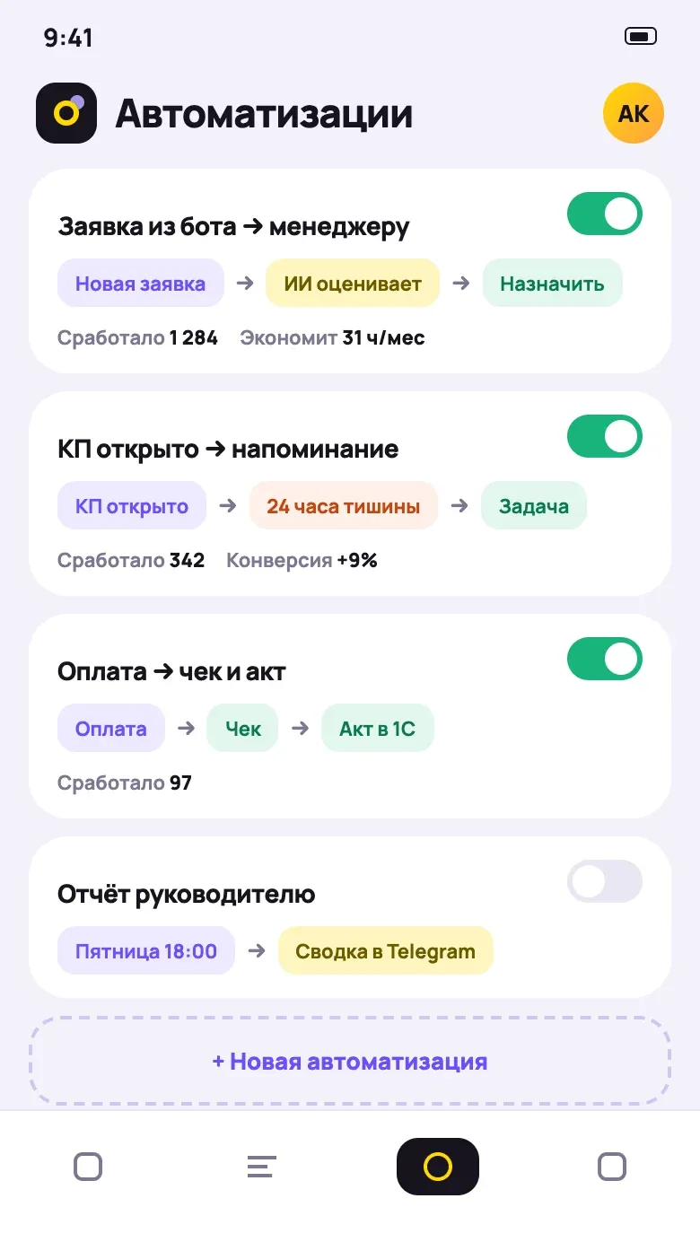 CRM: автоматизации, от заявки из бота до акта в 1С